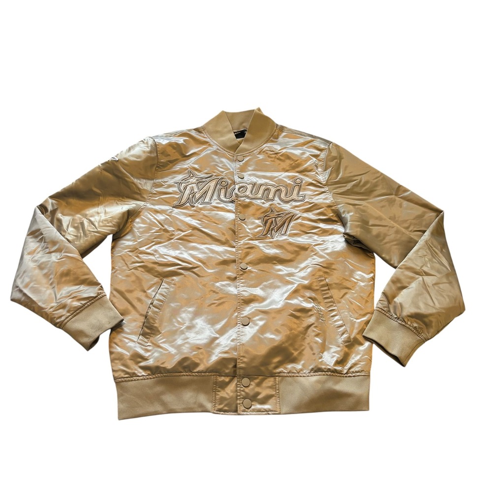 Pro Standard Miami Marlins MLB Varsity Jacket Gold Satin Mens XL Embroidered‎